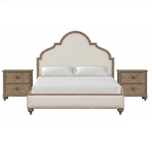 3 Piece Bed Set With 2 Nightstands, Upholstered Headboard, USB Ports