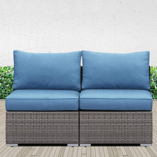 Armless Patio Sofa Set, With UV Resistant Frame And Waterproof Cushions - Blue / Brown