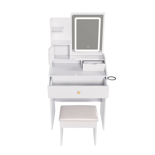 LED Vanity Mirror With Stool, 2 Drawers & 5 Storage Cabinets, Adjustable Lighting Mdf Dressing Table For Bedroom - White