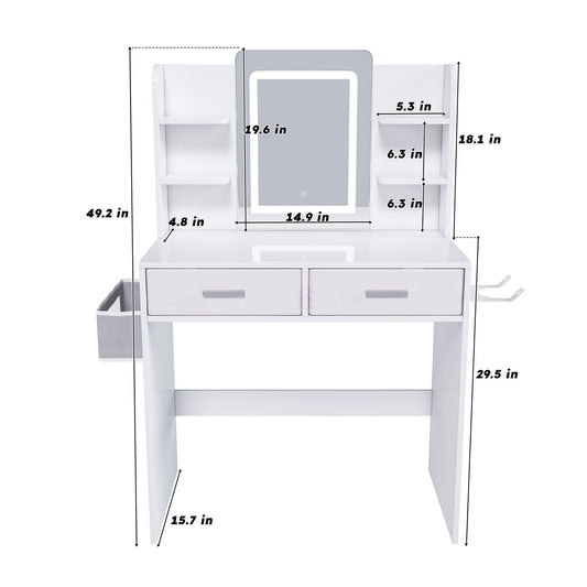 Elegant LED Mirror Vanity Dressing Table With Adjustable Lights, Drawers & Storage - White