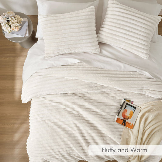Avril - Full/Queen Fluffy Ribbed Plush Comforter Set - Ivory