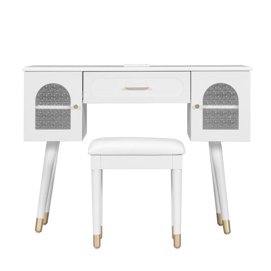 Elegant Vanity Makeup Table & Chair Set Modern Dressing Table With Organizer Writing Desk Charging Port Engineered Wood - White