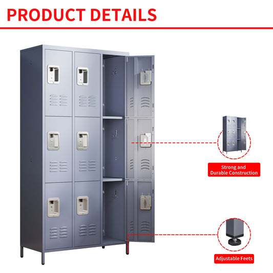 9 Door Lockers With Lock For Storage In Office, School, Gym, And Bedroom - Gray