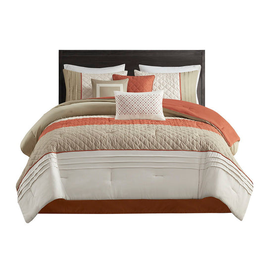 Greer - 7 Piece Color Block Stripe Comforter Set With Throw Pillows - Orange