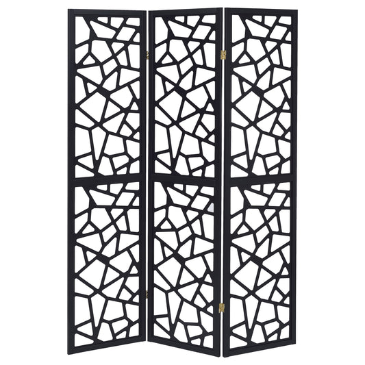 3 Panel Folding Screen With Mosaic Cutout Design - Black