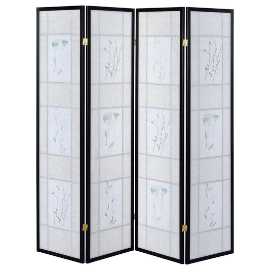 4 Panel Folding Screen With Floral Motif - Black