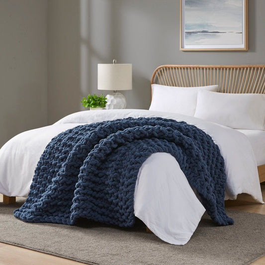 Chenille Chunky Knit - Throw - Navy Blue