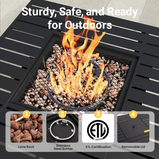 Square 2 In 1 Outdoor Propane Fire Pit Table With Stainless Burner, Lava Rocks, Lid & Waterproof Cover - Black