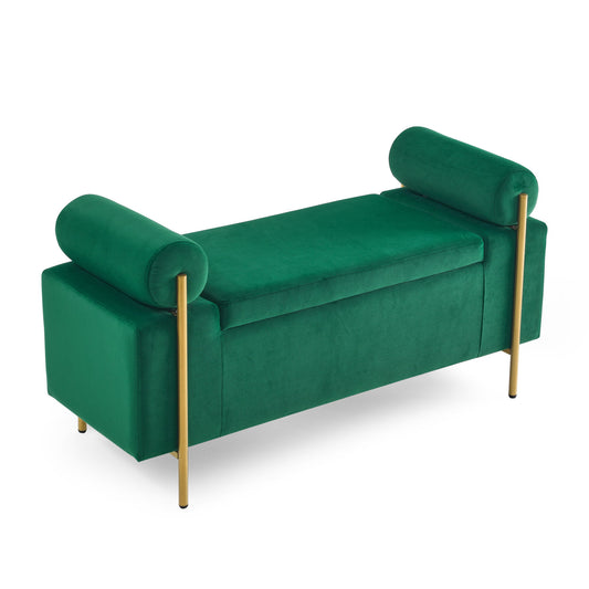 Elegant Upholstered Storage Bench With Cylindrical Arms And Iron Legs,