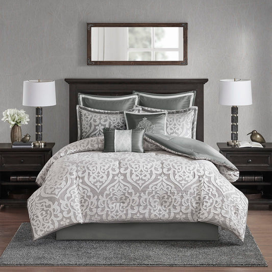 Odette - King 8 Piece Comforter Set - Silver