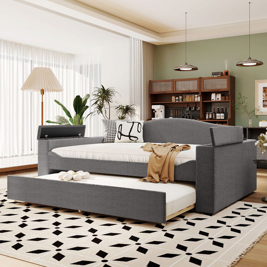 Upholstered Daybed With Storage Armrests, Trundle And Latest Integrated tooth Audio System