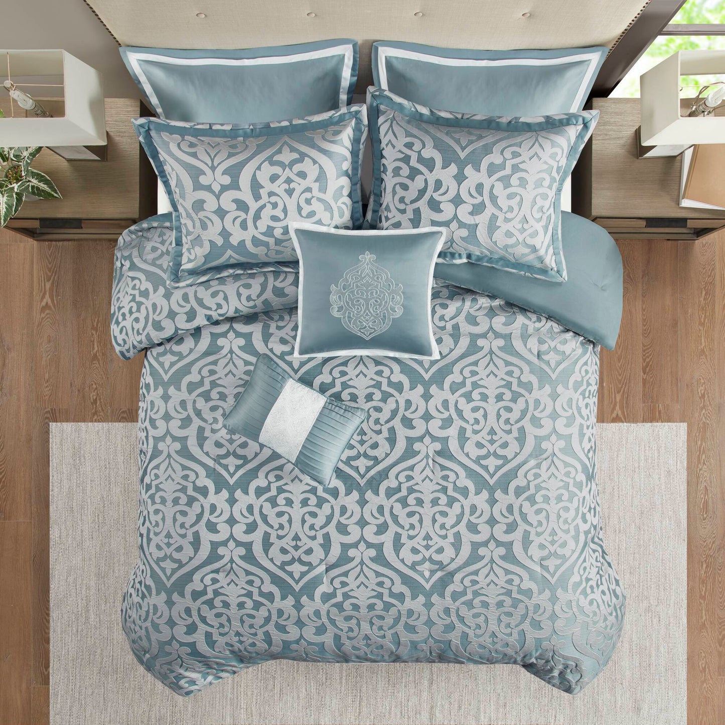 Odette - 8 Piece Jacquard Comforter Set - Aqua