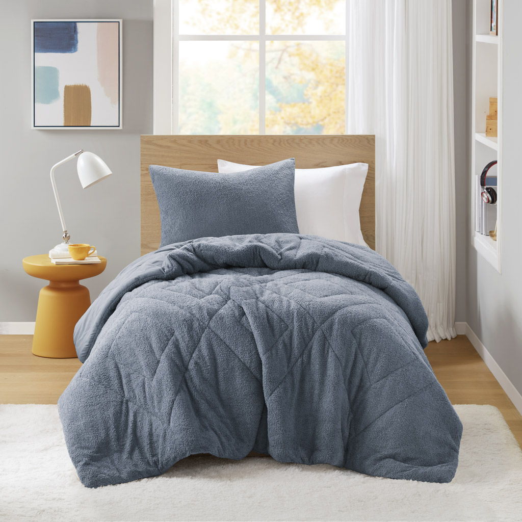 Kyla - Twin/Twin Long Double Diamond Quilted Teddy Comforter Set - Blue