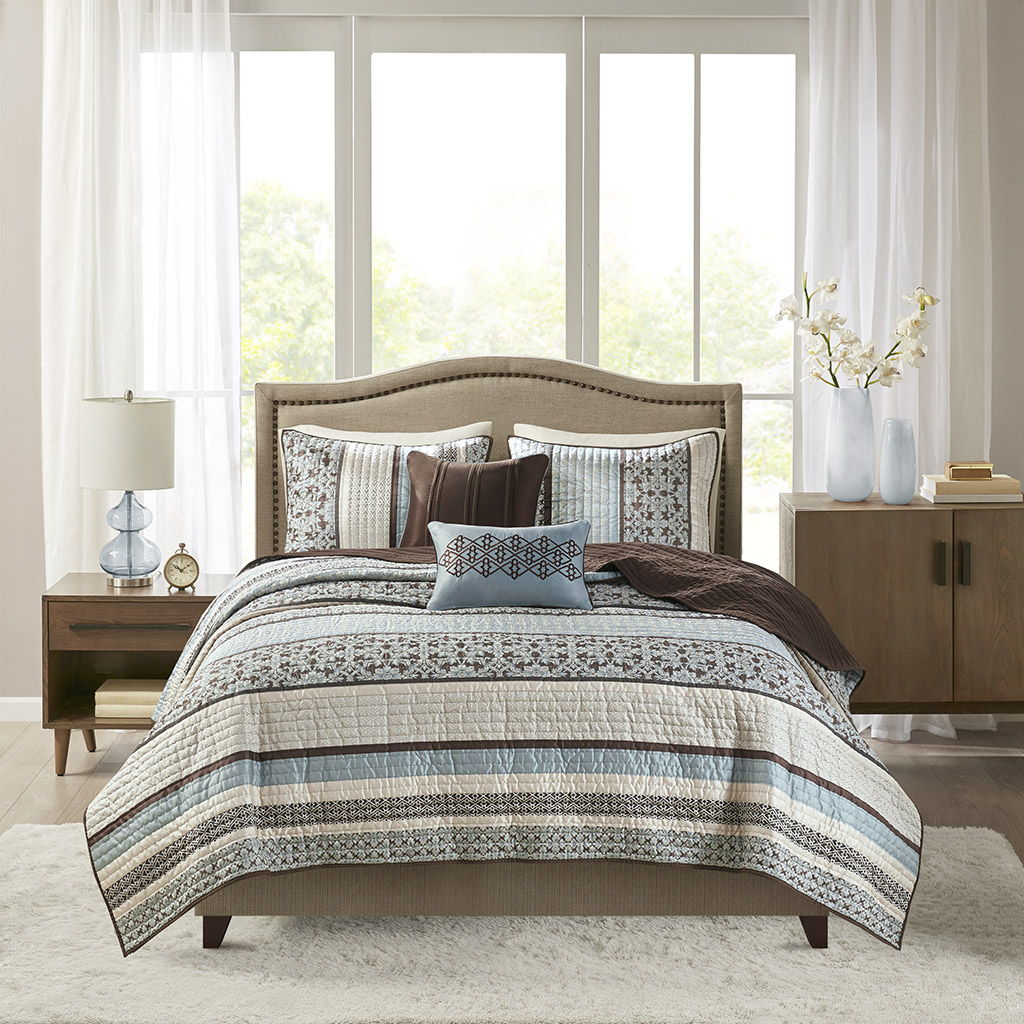 Princeton - 5 Piece Reversible Coverlet Set - Blue