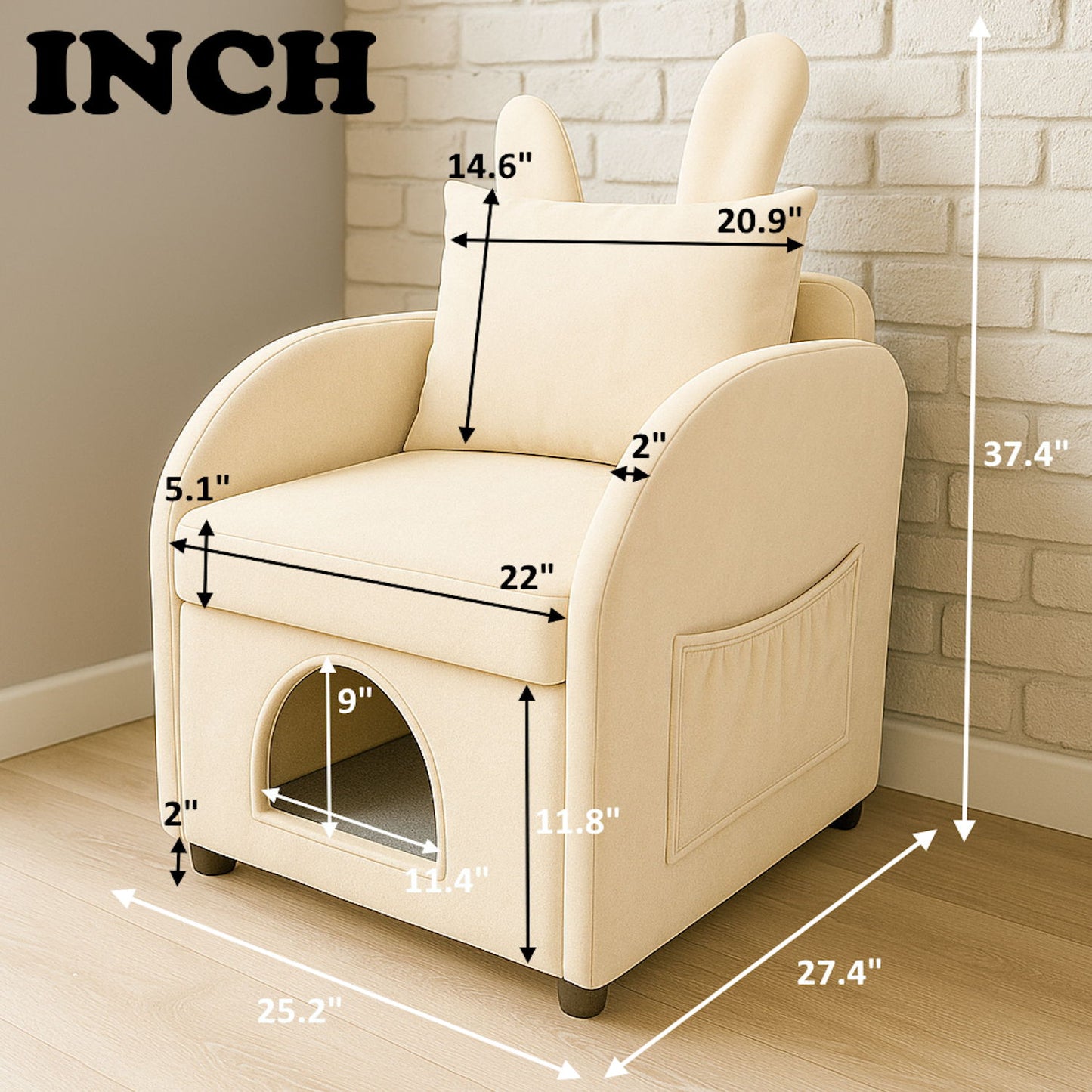 Bunny Ear Pet Friendly Armchair With Hidden Pet House With Storage Pocket For Bedroom & Living Room - Beige