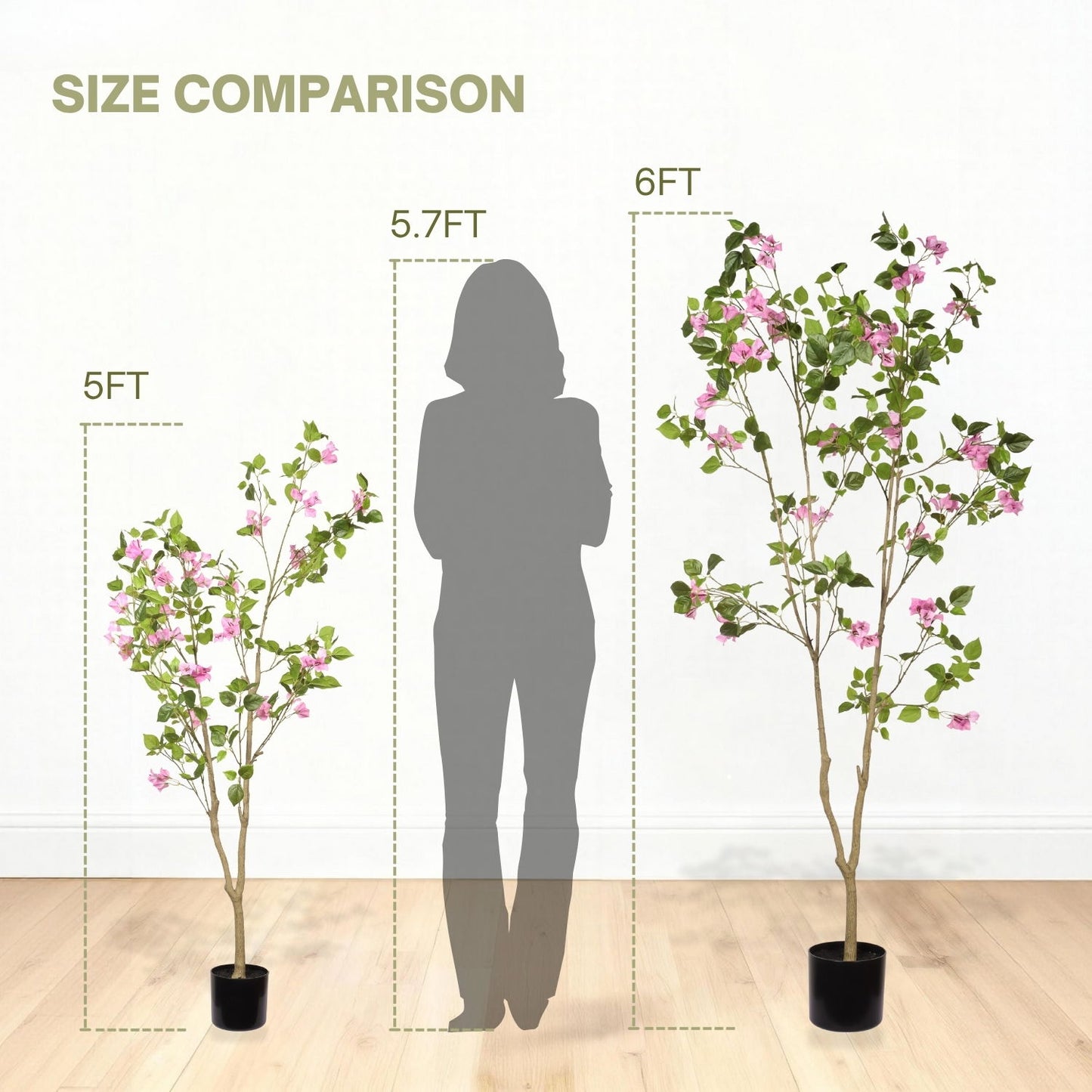 Artificial Bougainvillea Tree With Pot, Realistic Faux Flowering Plant Leaves And Blooms, Decor For Home Office - Green Leaves / Pink