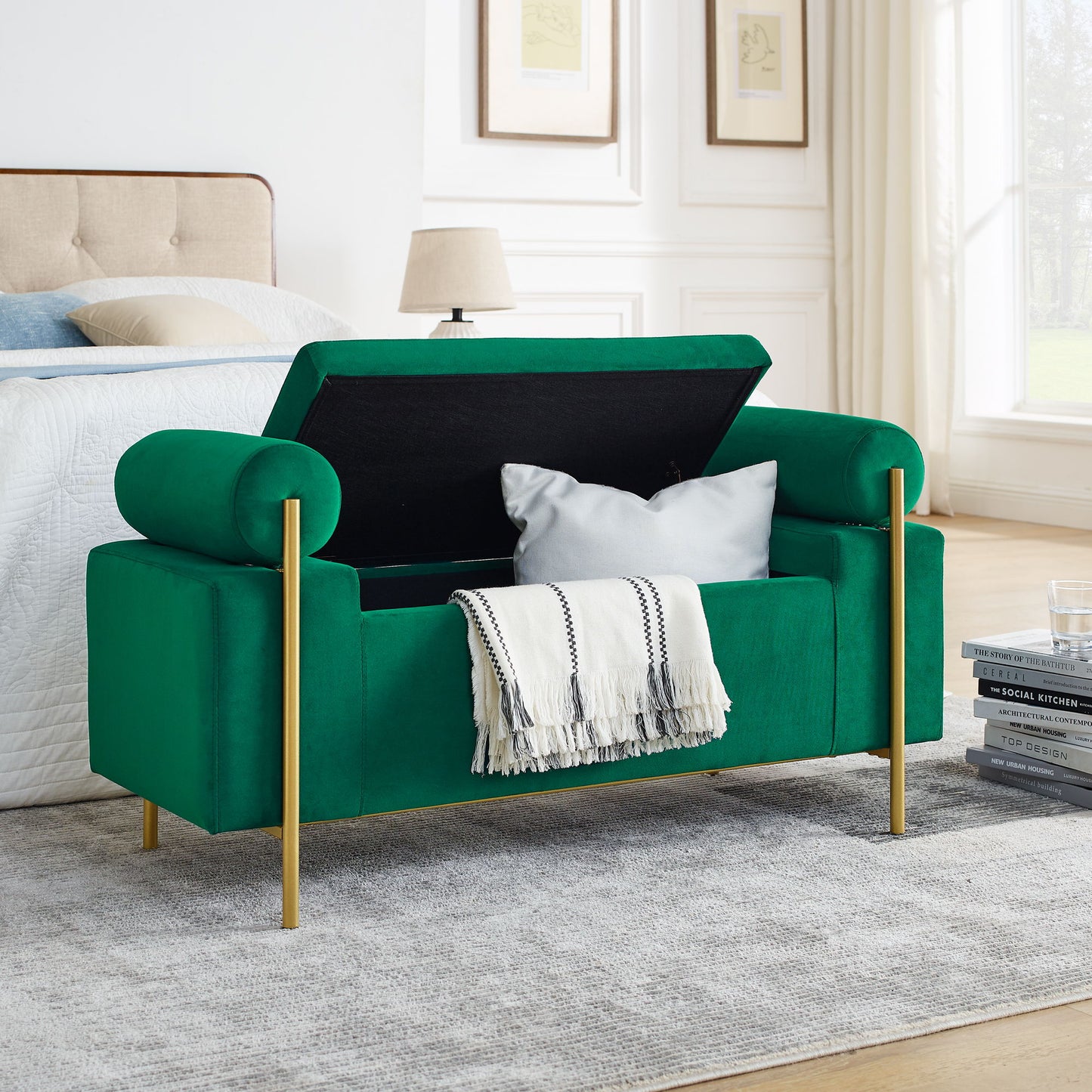 Elegant Upholstered Storage Bench With Cylindrical Arms And Iron Legs,