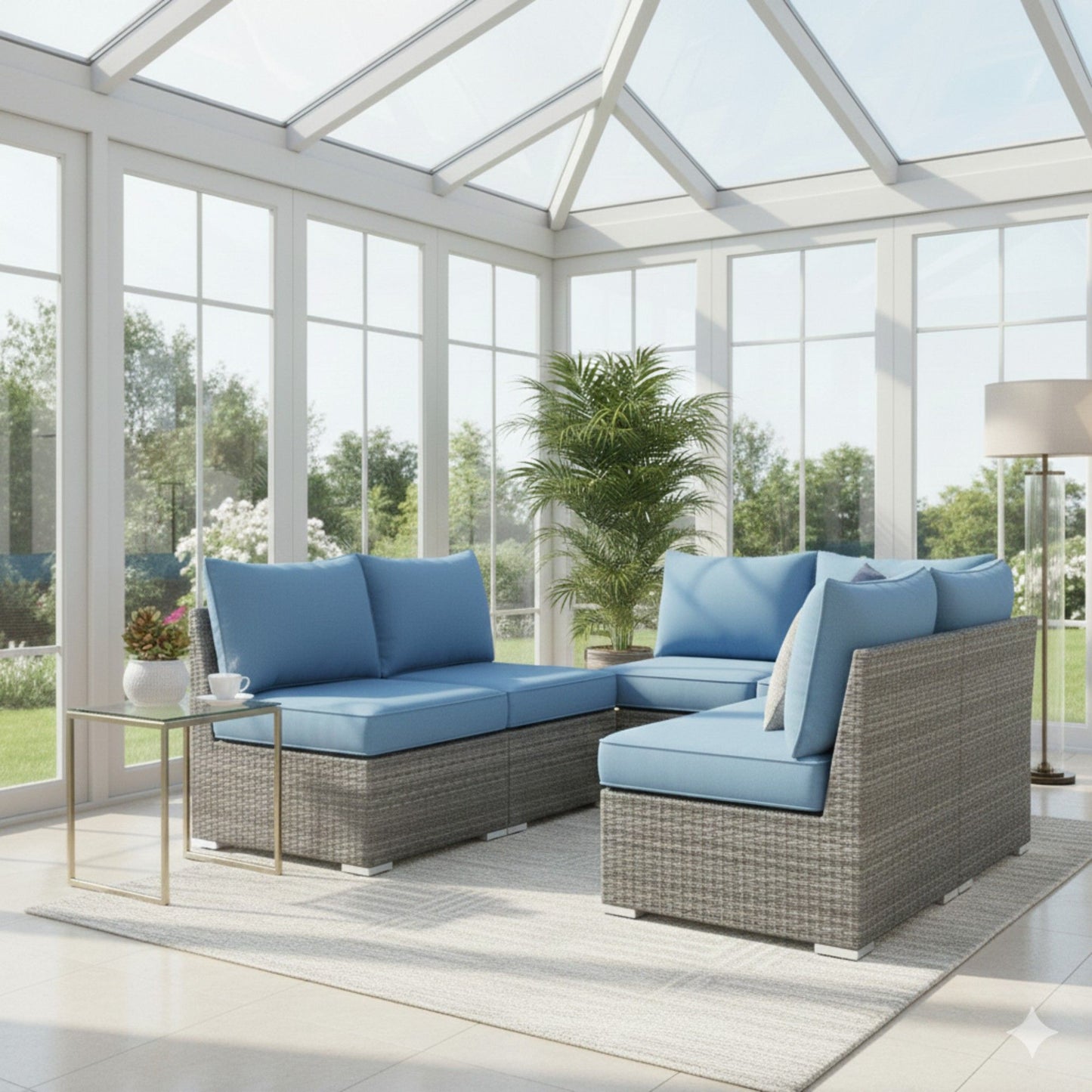 Armless Patio Sofa Set, With UV Resistant Frame And Waterproof Cushions - Blue / Brown