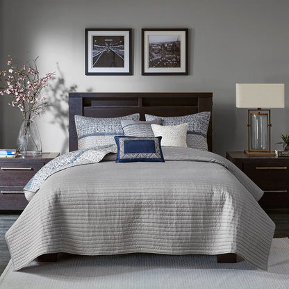 Rhapsody - King 6 Piece Reversible Coverlet Set - Navy