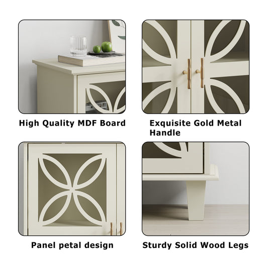 Modern Retro Sideboard Buffet Storage Cabinet With Adjustable Shelves And Tempered Glass Doors - Cream Color