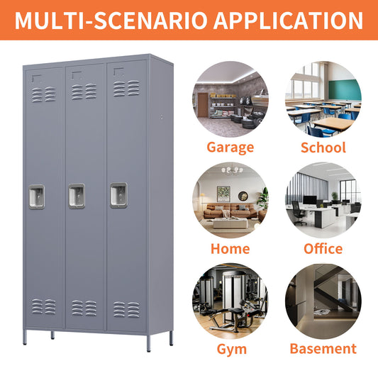 3 Door Lockers With Lock For Home, Gym, Office, School, And Garage - Gray