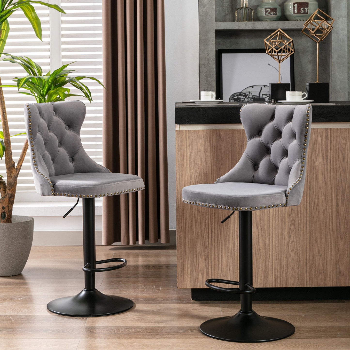 Swivel Barstools Adjusatble Seat Height, Modern Upholstered Bar Stools With Backs Comfortable Tufted For Home Pub And Kitchen Island (Set of 2)
