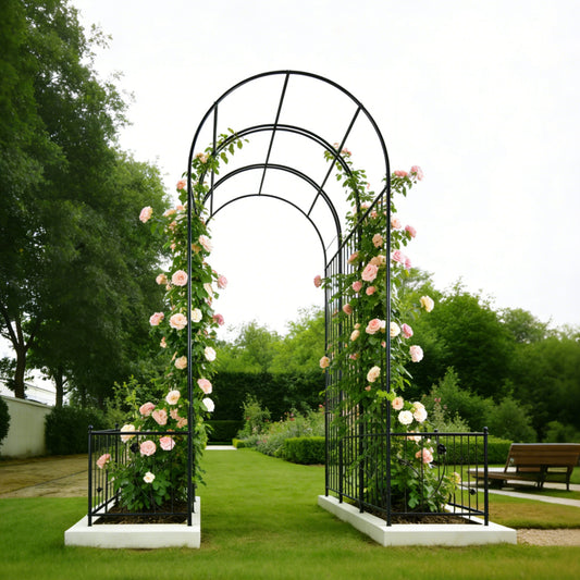Metal Garden Arch With Two Plant Stands Wide High Climbing Plants Support Rose Arch Outdoor - Black