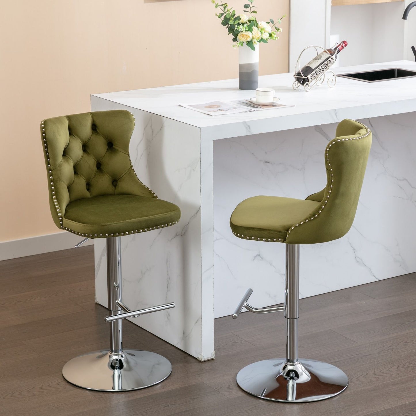 Swivel Barstools Adjusatble Seat Height From 25-33", Modern Upholstered Base Bar Stools With Backs Comfortable Tufted For Home Pub And Kitchen Island (Set of 2)