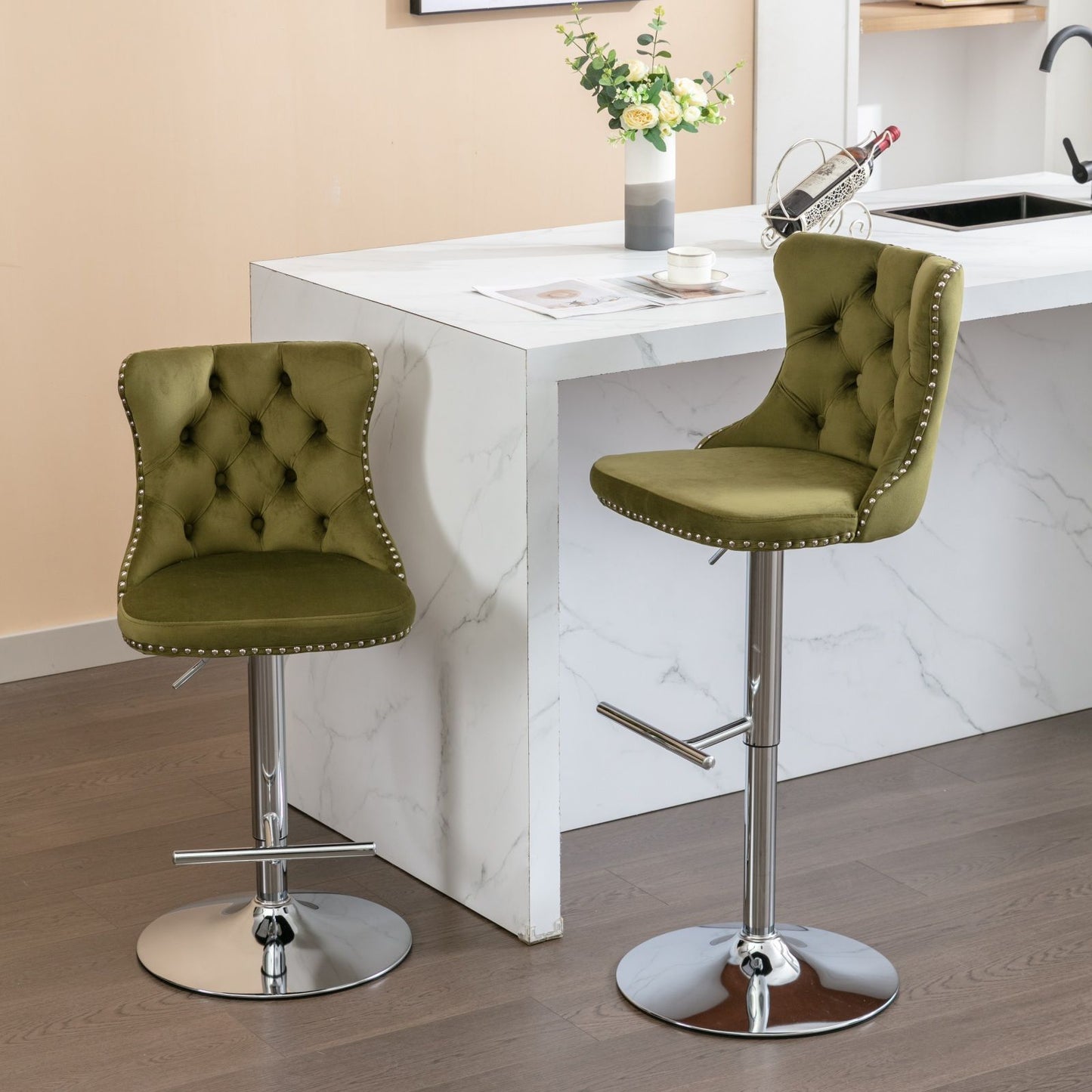 Swivel Barstools Adjusatble Seat Height From 25-33", Modern Upholstered Base Bar Stools With Backs Comfortable Tufted For Home Pub And Kitchen Island (Set of 2)