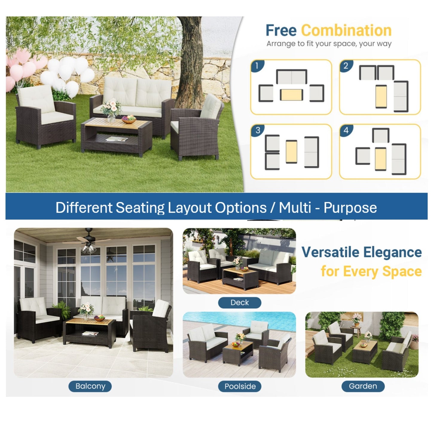 Modern All-Weather Patio Set With Cushions And Table