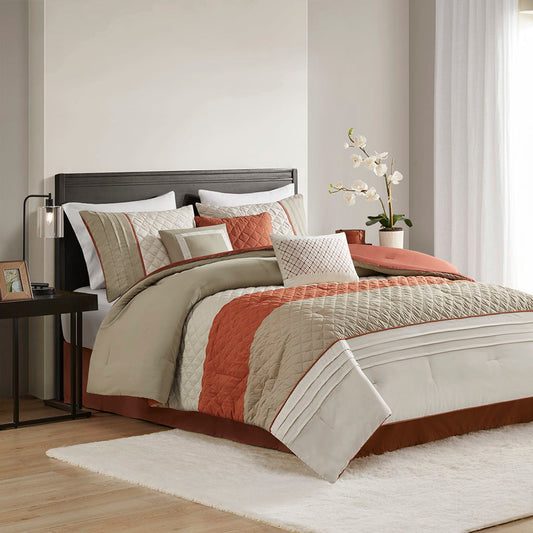Greer - 7 Piece Color Block Stripe Comforter Set With Throw Pillows - Orange