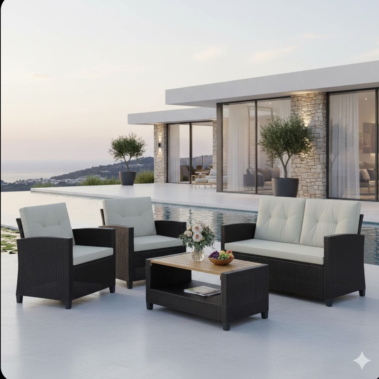 Modern All-Weather Patio Set With Cushions And Table