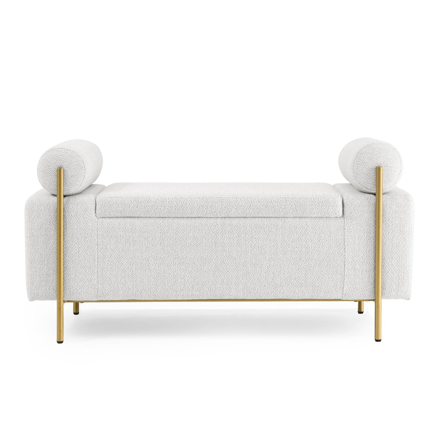 Elegant Upholstered Storage Bench With Cylindrical Arms And Iron Legs,