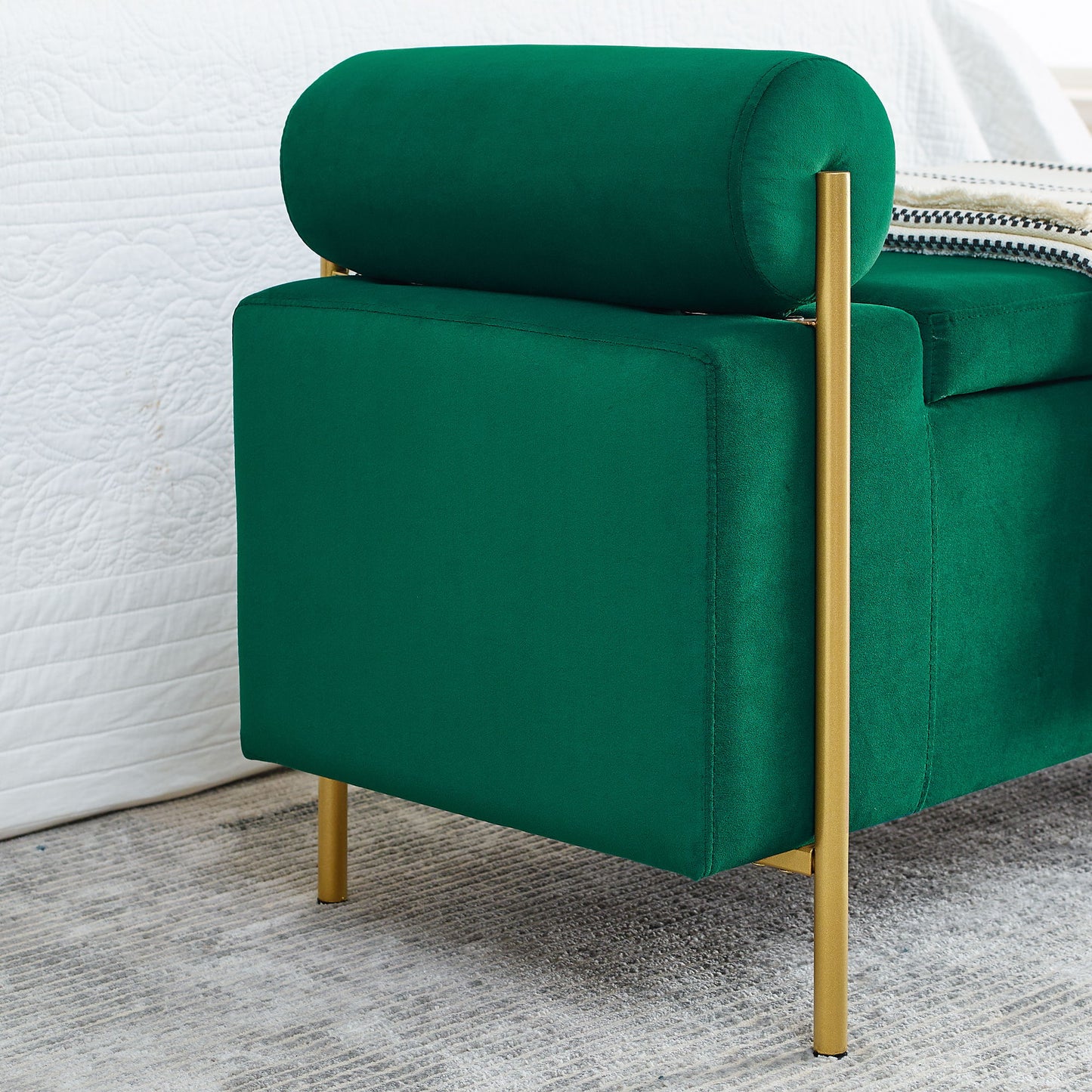 Elegant Upholstered Storage Bench With Cylindrical Arms And Iron Legs,