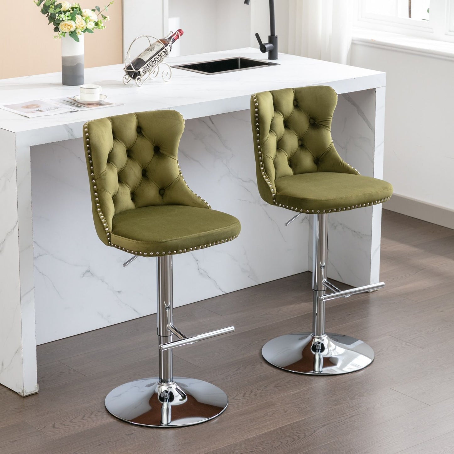 Swivel Barstools Adjusatble Seat Height From 25-33", Modern Upholstered Base Bar Stools With Backs Comfortable Tufted For Home Pub And Kitchen Island (Set of 2)