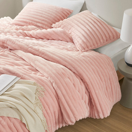 Avril - Twin/Twin Long Fluffy Ribbed Plush Comforter Set - Pink