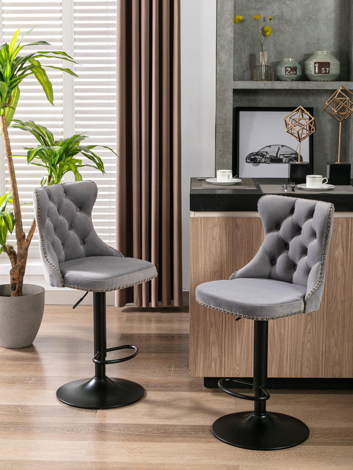Swivel Barstools Adjusatble Seat Height, Modern Upholstered Bar Stools With Backs Comfortable Tufted For Home Pub And Kitchen Island (Set of 2)