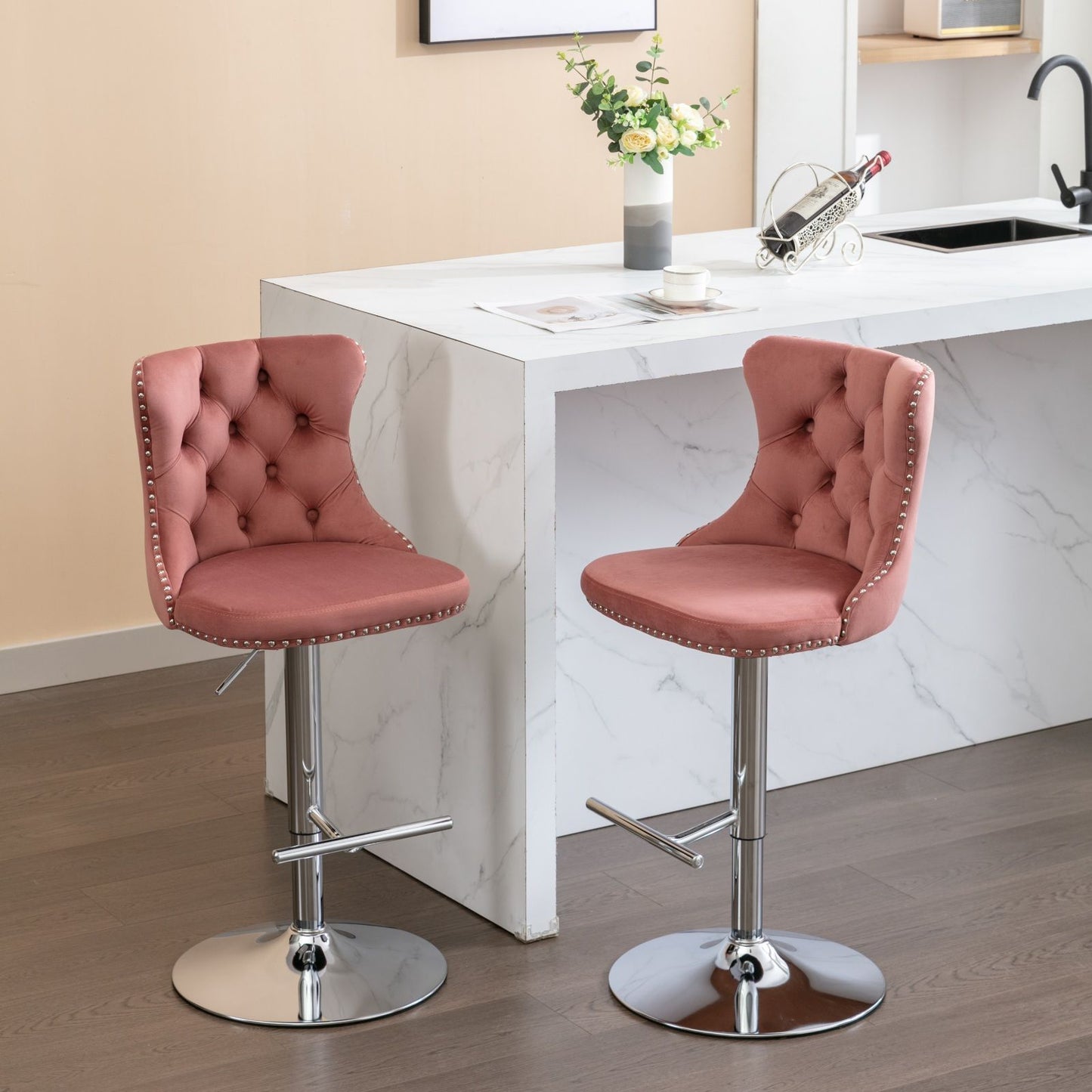 Swivel Barstools Adjusatble Seat Height From 25-33", Modern Upholstered Base Bar Stools With Backs Comfortable Tufted For Home Pub And Kitchen Island (Set of 2)