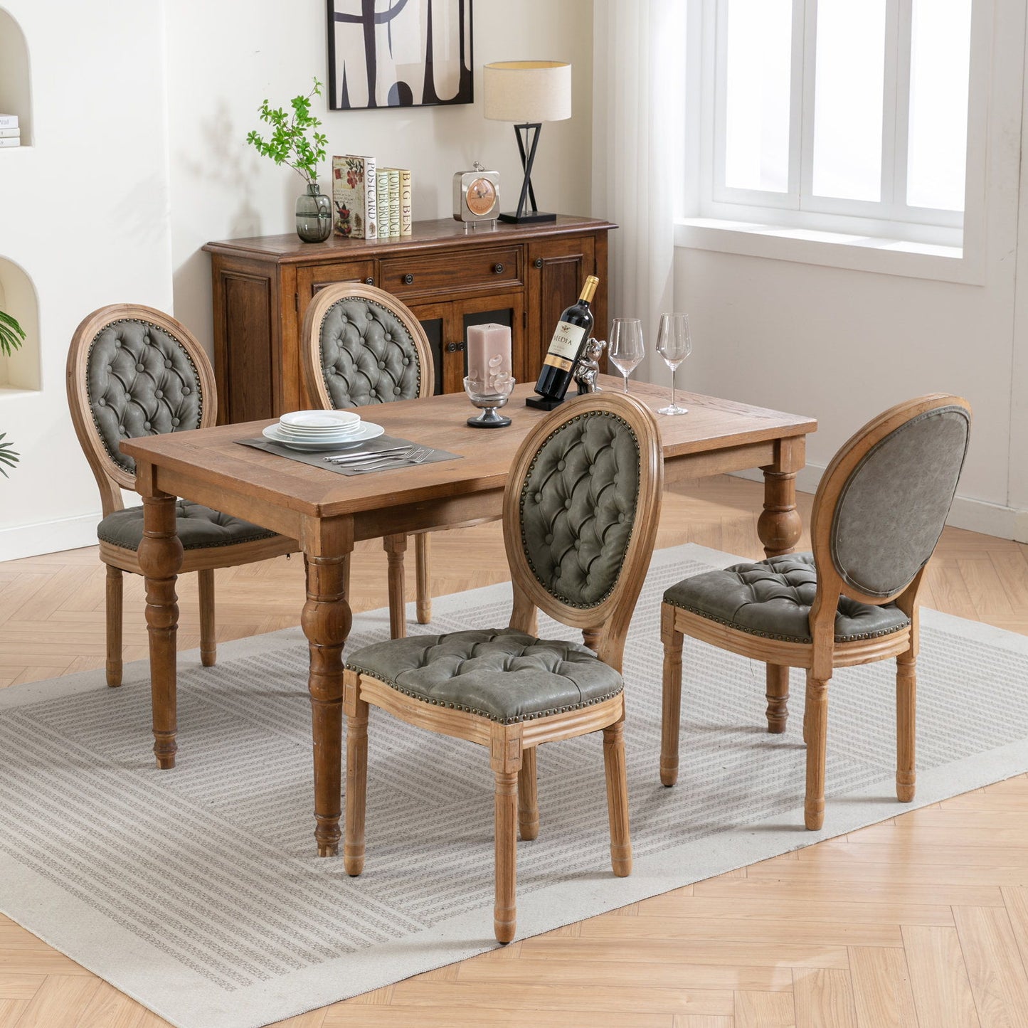 French Style Solid Wood Frame Antique Painting, Hand-Pulled Buckle Decoration Artificial Dining Chair With Nailhead Trim, Wood Legs