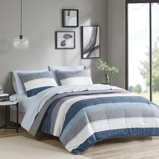 Jaxon - Stripe Twin Comforter Set With Bed Sheets - Blue / Gray