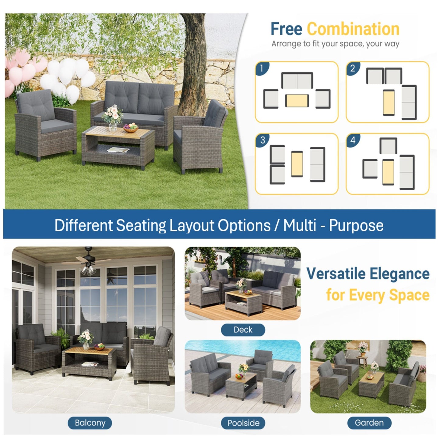 Modern All-Weather Patio Set With Cushions And Table