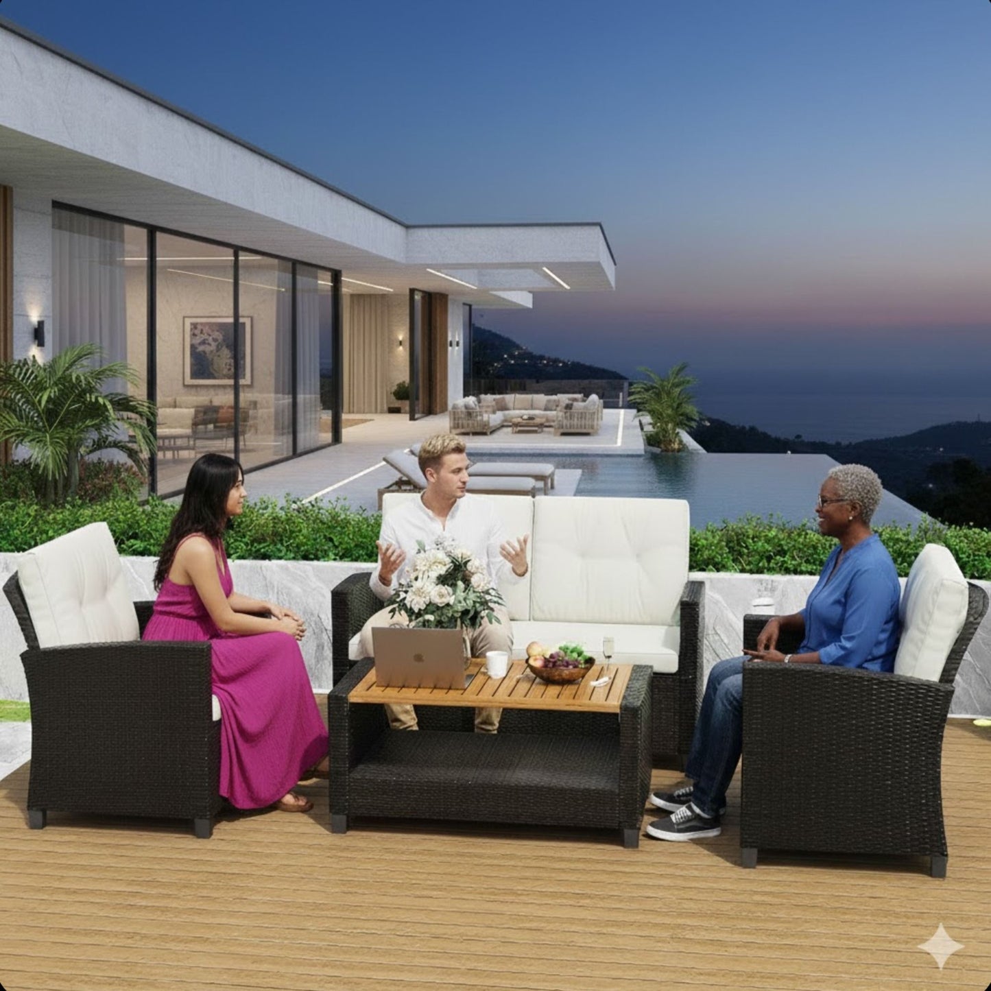 Modern All-Weather Patio Set With Cushions And Table