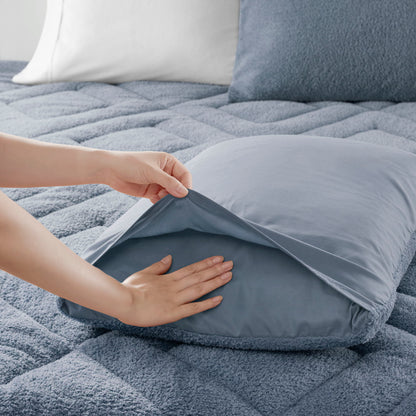 Kyla - Twin/Twin Long Double Diamond Quilted Teddy Comforter Set - Blue