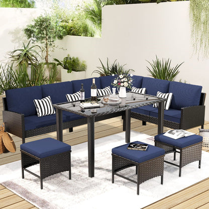 7 Piece Outdoor Furniture Set With Waterproof Cushions, Glass Table, And Space Saving Design - Blue