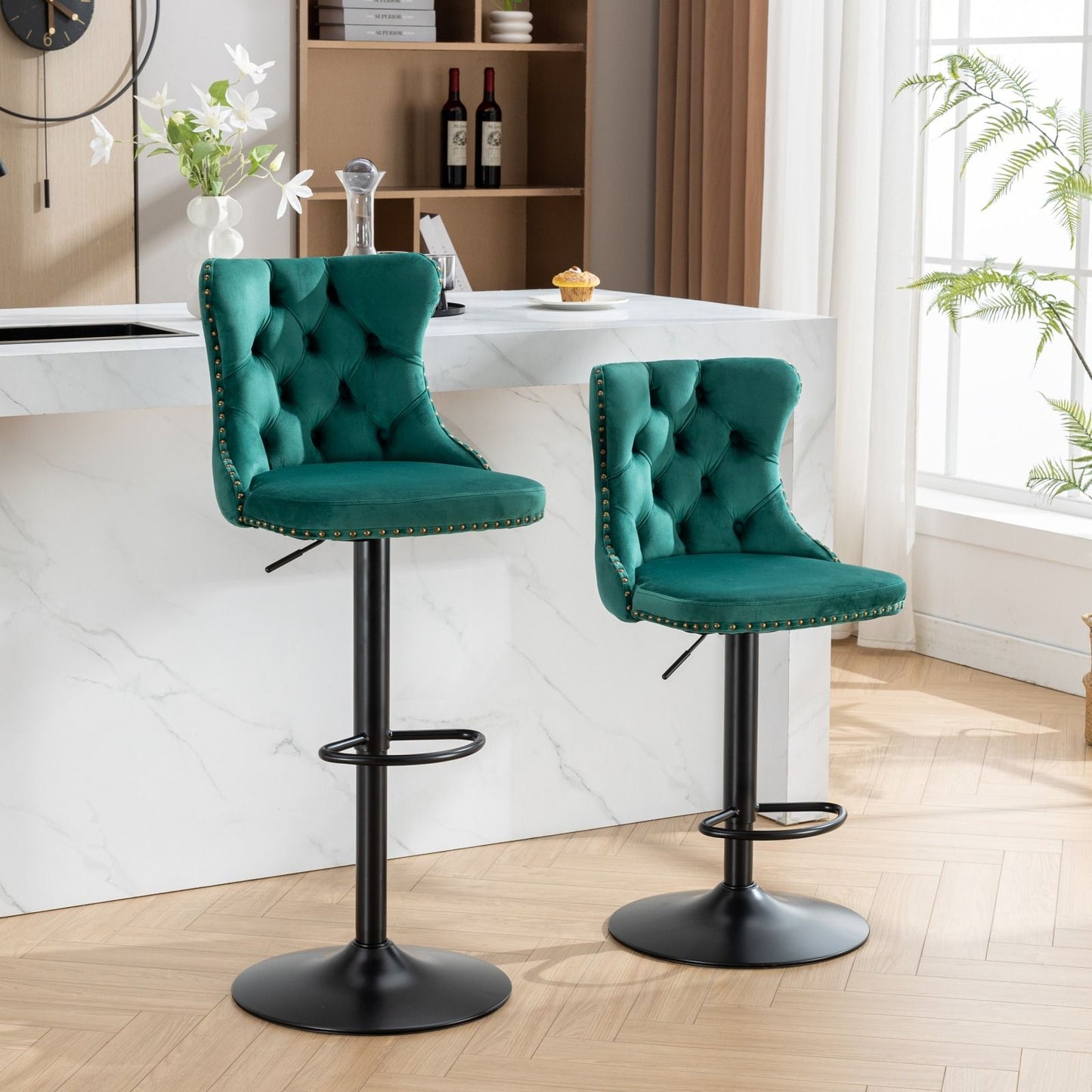 Swivel Barstools Adjusatble Seat Height, Modern Upholstered Bar Stools With Backs Comfortable Tufted For Home Pub And Kitchen Island (Set of 2)