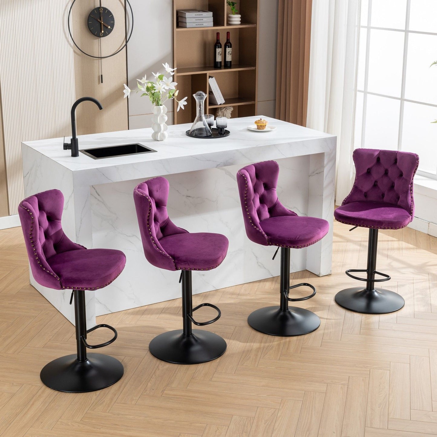 Swivel Barstools Adjusatble Seat Height, Modern Upholstered Bar Stools With Backs Comfortable Tufted For Home Pub And Kitchen Island (Set of 2)
