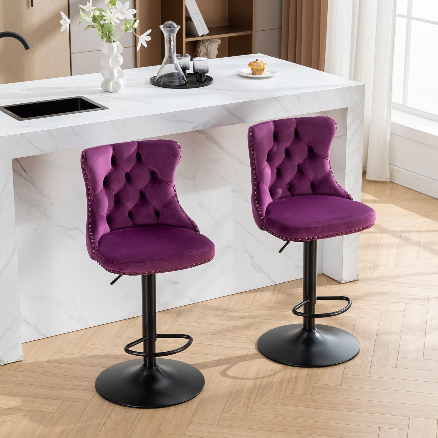 Swivel Barstools Adjusatble Seat Height, Modern Upholstered Bar Stools With Backs Comfortable Tufted For Home Pub And Kitchen Island (Set of 2)