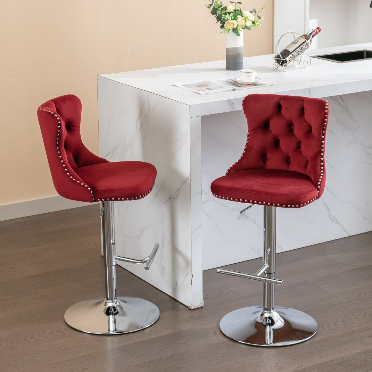 Swivel Barstools Adjusatble Seat Height From 25-33", Modern Upholstered Base Bar Stools With Backs Comfortable Tufted For Home Pub And Kitchen Island (Set of 2)