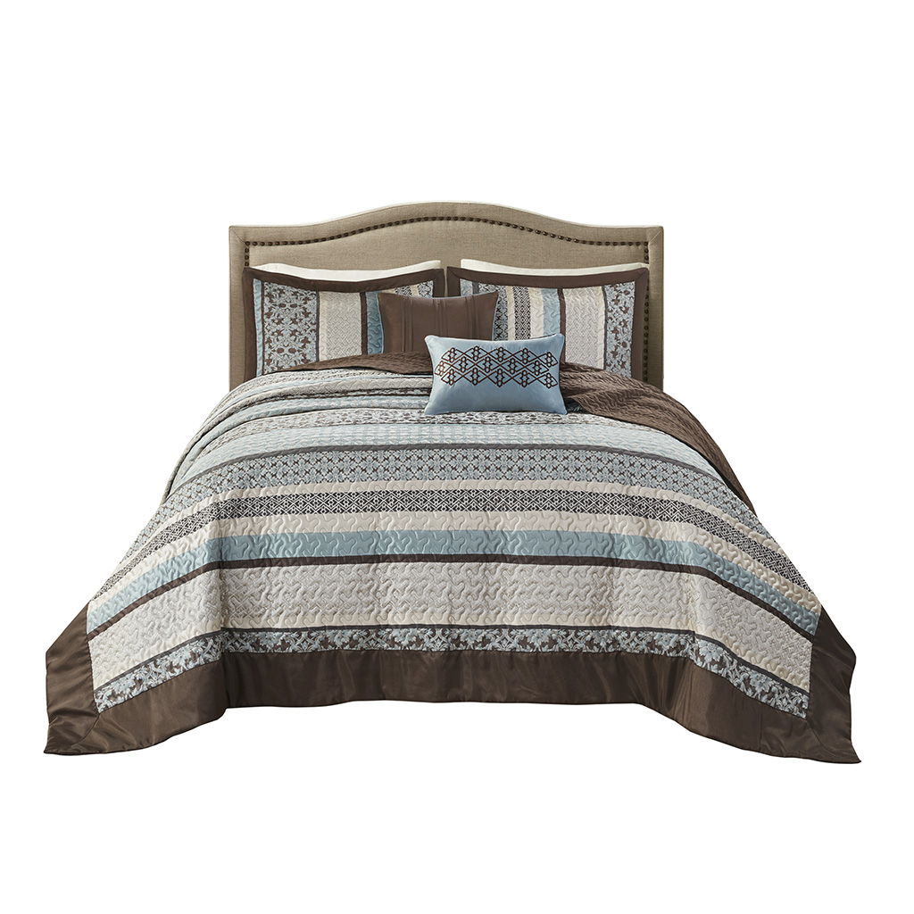 Princeton - 5 Piece Reversible Jacquard Bedspread Set - Blue