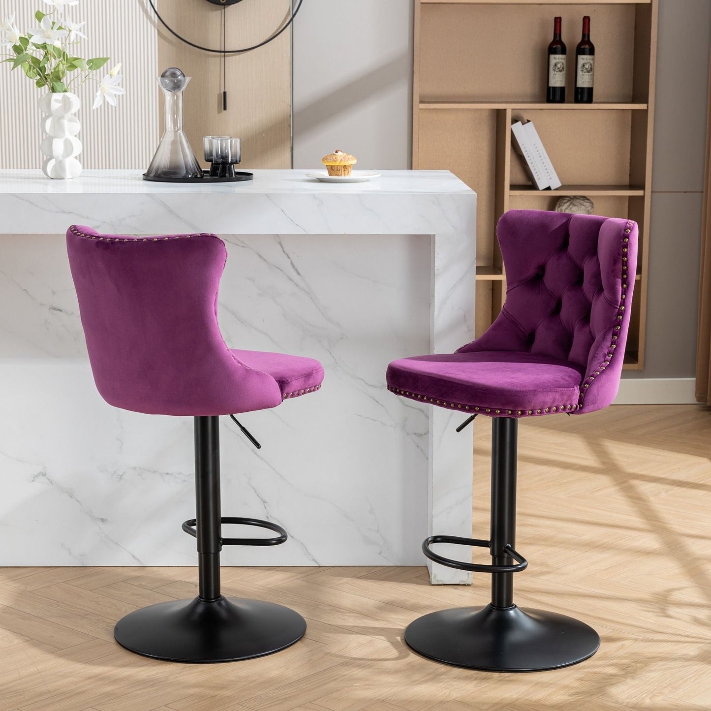 Swivel Barstools Adjusatble Seat Height, Modern Upholstered Bar Stools With Backs Comfortable Tufted For Home Pub And Kitchen Island (Set of 2)